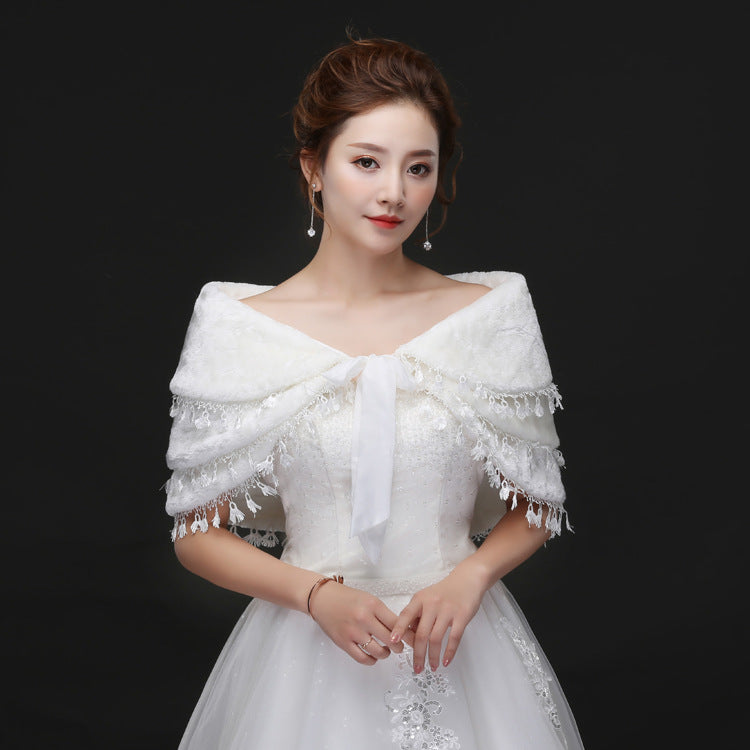 Bridal Plush Shawl Wedding Dress Winter Warm Three-layer Tassel Shawl