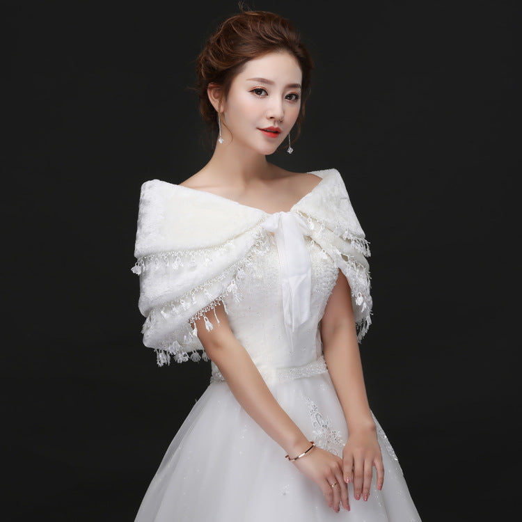 Bridal Plush Shawl Wedding Dress Winter Warm Three-layer Tassel Shawl