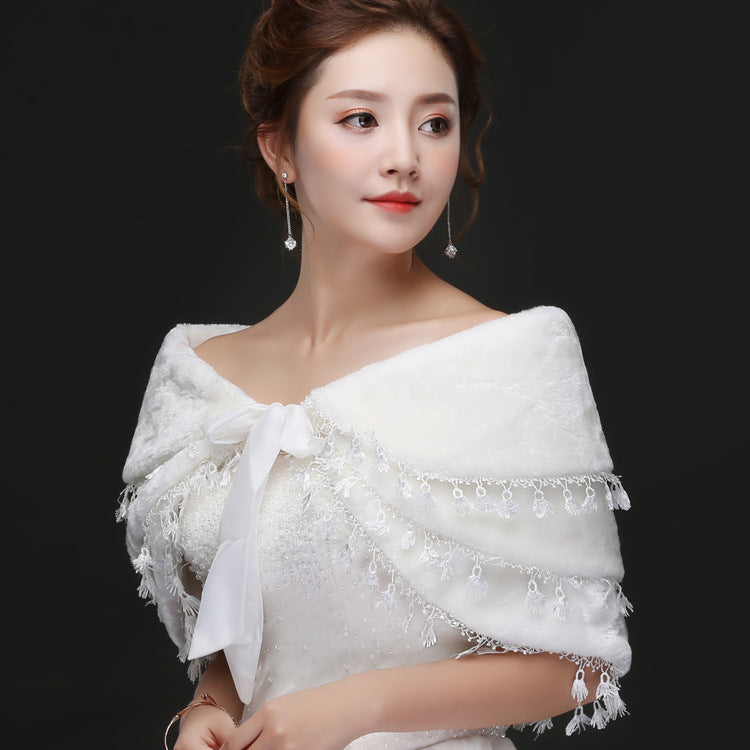 Bridal Plush Shawl Wedding Dress Winter Warm Three-layer Tassel Shawl