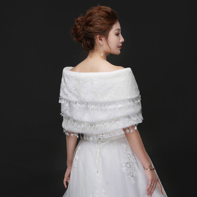 Bridal Plush Shawl Wedding Dress Winter Warm Three-layer Tassel Shawl
