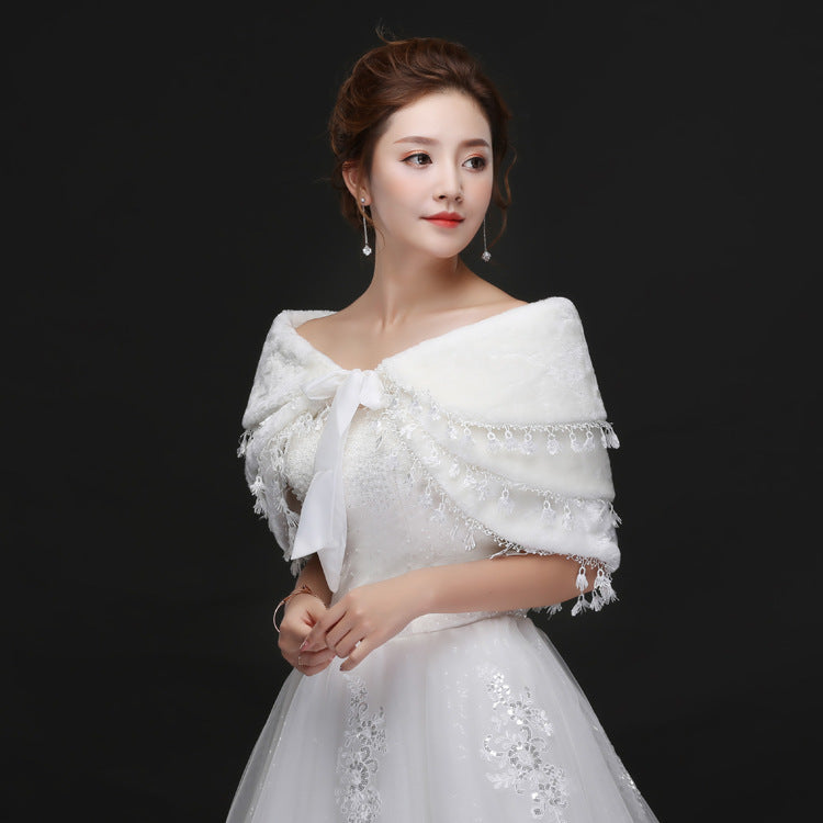 Bridal Plush Shawl Wedding Dress Winter Warm Three-layer Tassel Shawl