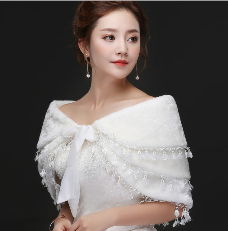 Bridal Plush Shawl Wedding Dress Winter Warm Three-layer Tassel Shawl